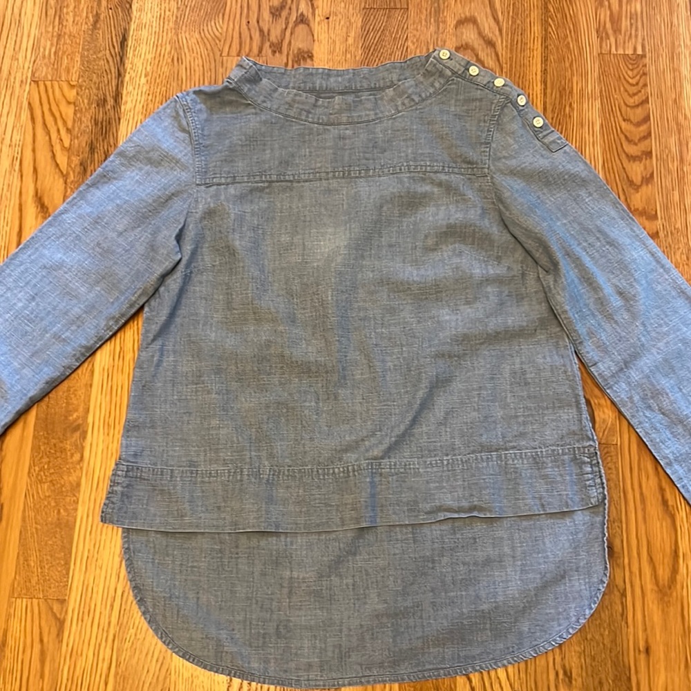 J.Crew denim slip over top Droptail in back button shoulder